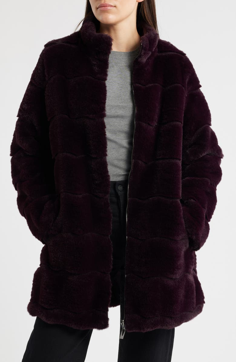 Via Spiga Wavy Reversible Faux Fur Quilted Coat, Alternate, color, Burgundy
