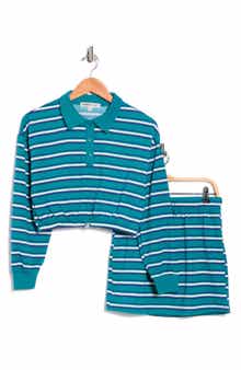 Madden Girl Stripe Long Sleeve Crop Polo & Miniskirt Set