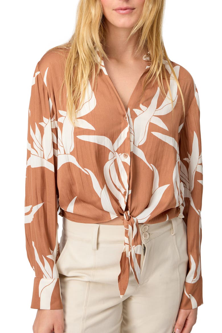 Lover Print Tie Hem Crop Sateen Shirt, Alternate, color, FIRST BLOOM