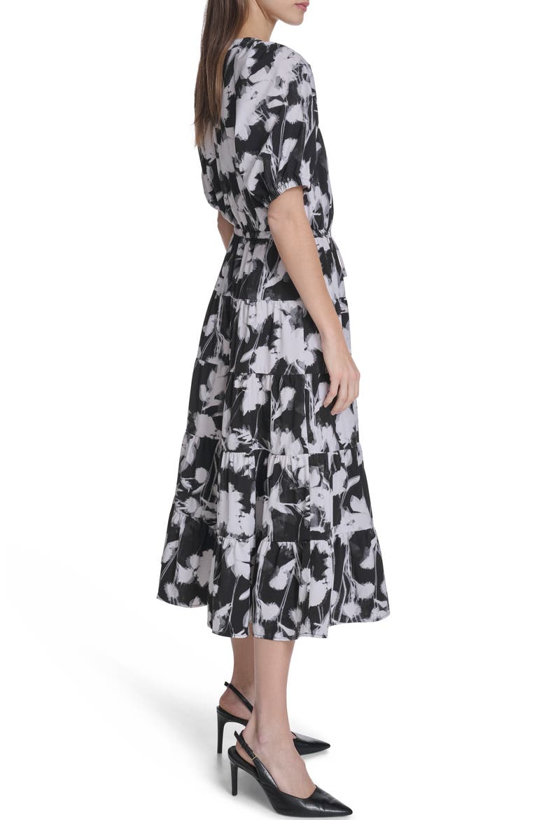 Floral Short Sleeve Tiered Midi Dress, Alternate, color, BLACK/ WHITE