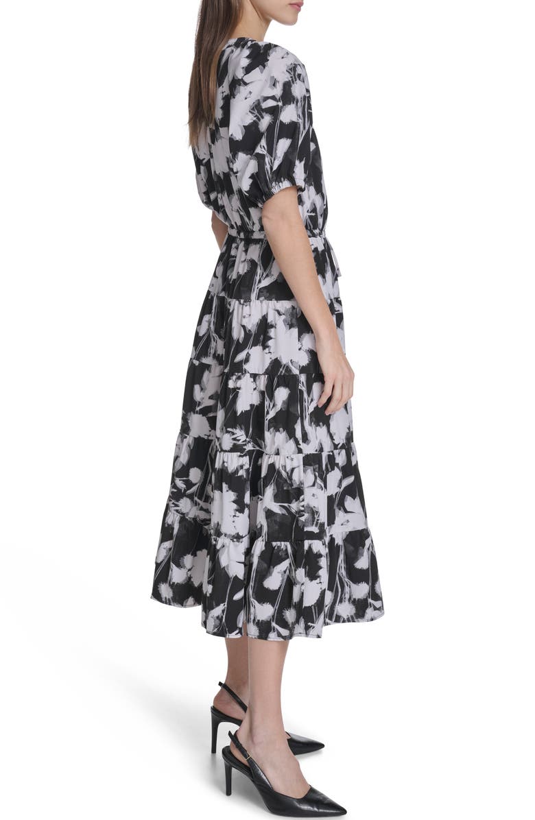 Calvin Klein Floral Short Sleeve Tiered Midi Dress, Alternate, color, Black/ White
