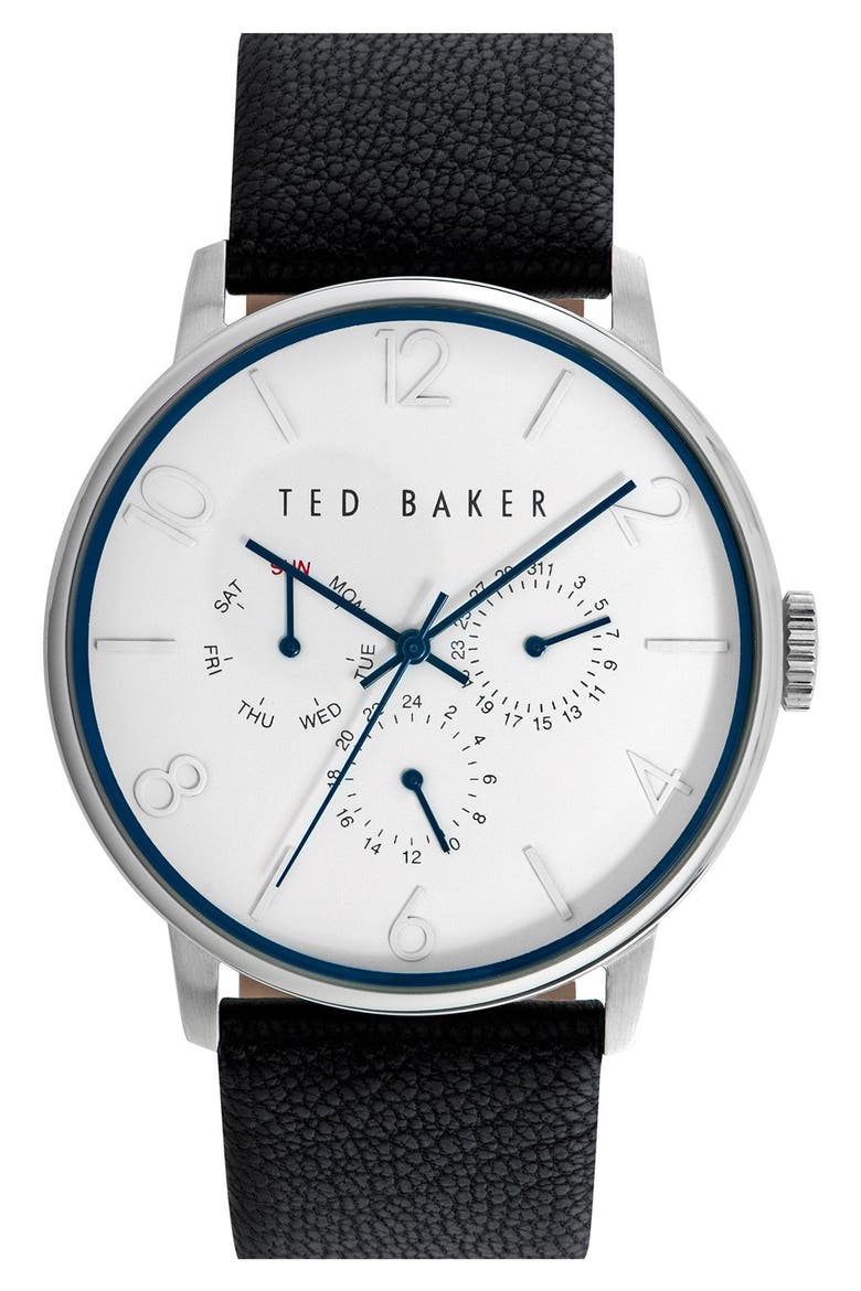 Multifunction Leather Strap Watch, 42mm, Main, color, BLACK/ WHITE