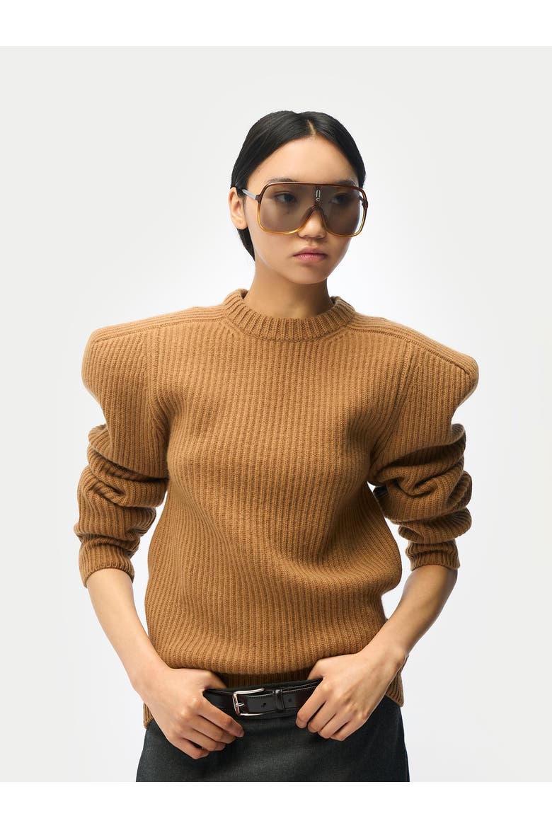 Sculpted-Shoulder Cashmere Sweater, Alternate, color, camel
