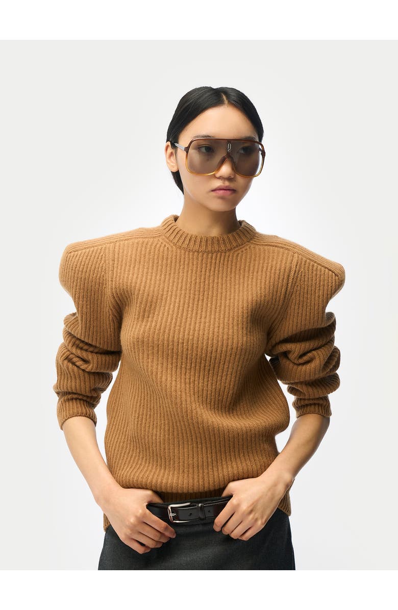 Gobi Cashmere Sculpted-Shoulder Cashmere Sweater, Alternate, color, Camel