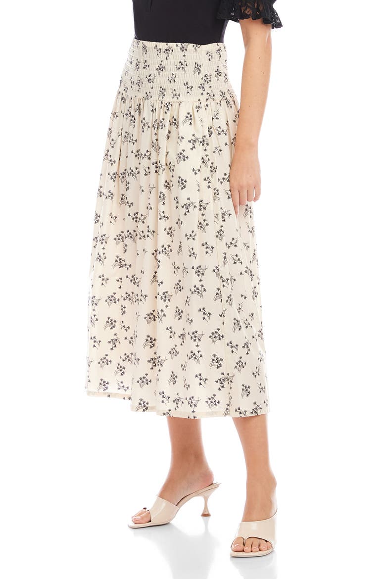 Rhea Floral Smock Waist Cotton Midi Skirt, Alternate, color, BEIGE PRINT