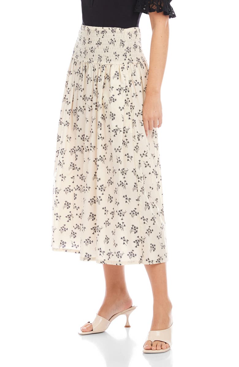 FIFTEEN TWENTY Rhea Floral Smock Waist Cotton Midi Skirt, Alternate, color, Beige Print