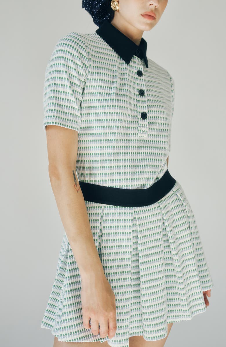 MAUDE CLUB Charlie Contrast Collar Geo Print Top, Alternate, color, White Light Blue Multi