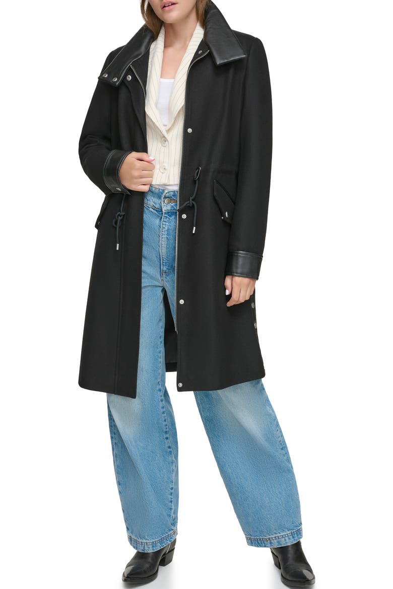 Feather Leather Trim Wool Blend Coat, Alternate, color, BLACK