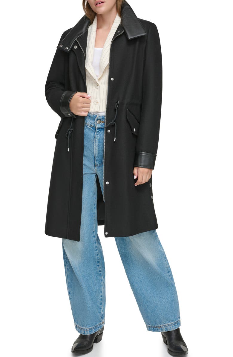 Andrew Marc Feather Leather Trim Wool Blend Coat, Alternate, color, Black