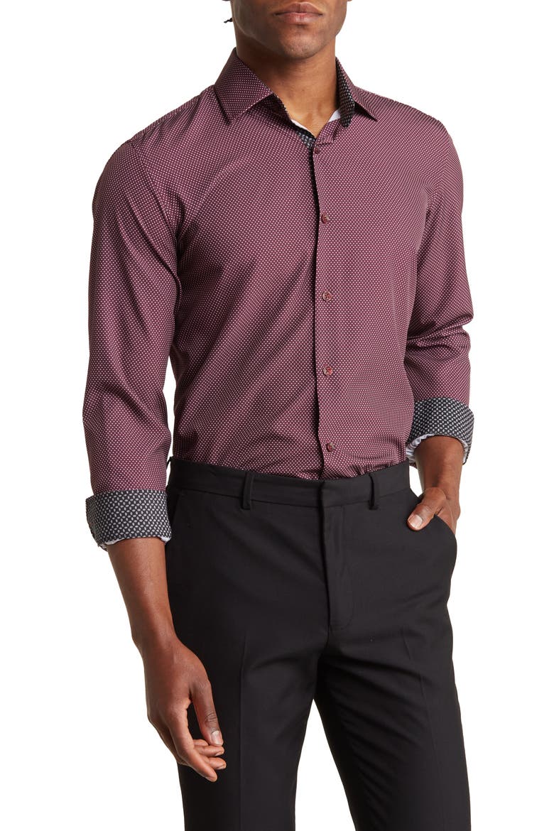 Slim Fit Dot Print Performance Button-Up Shirt, Main, color, BURGUNDY