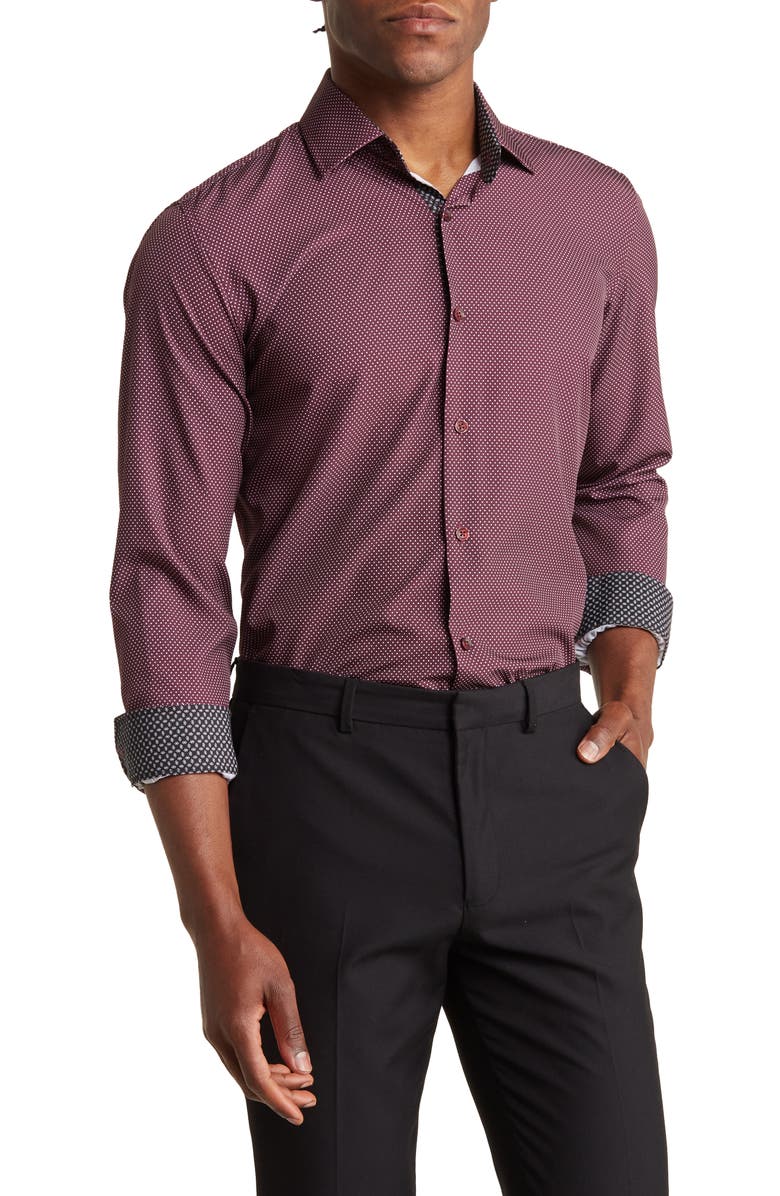Azaro Uomo Slim Fit Dot Print Performance Button-Up Shirt, Main, color, Burgundy