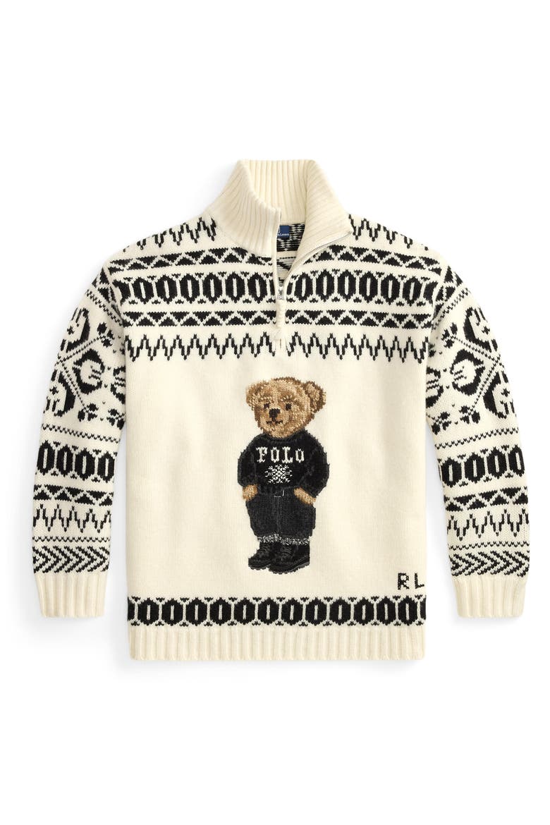 Intarsia Bear Half Zip Sweater, Alternate, color, WHITE