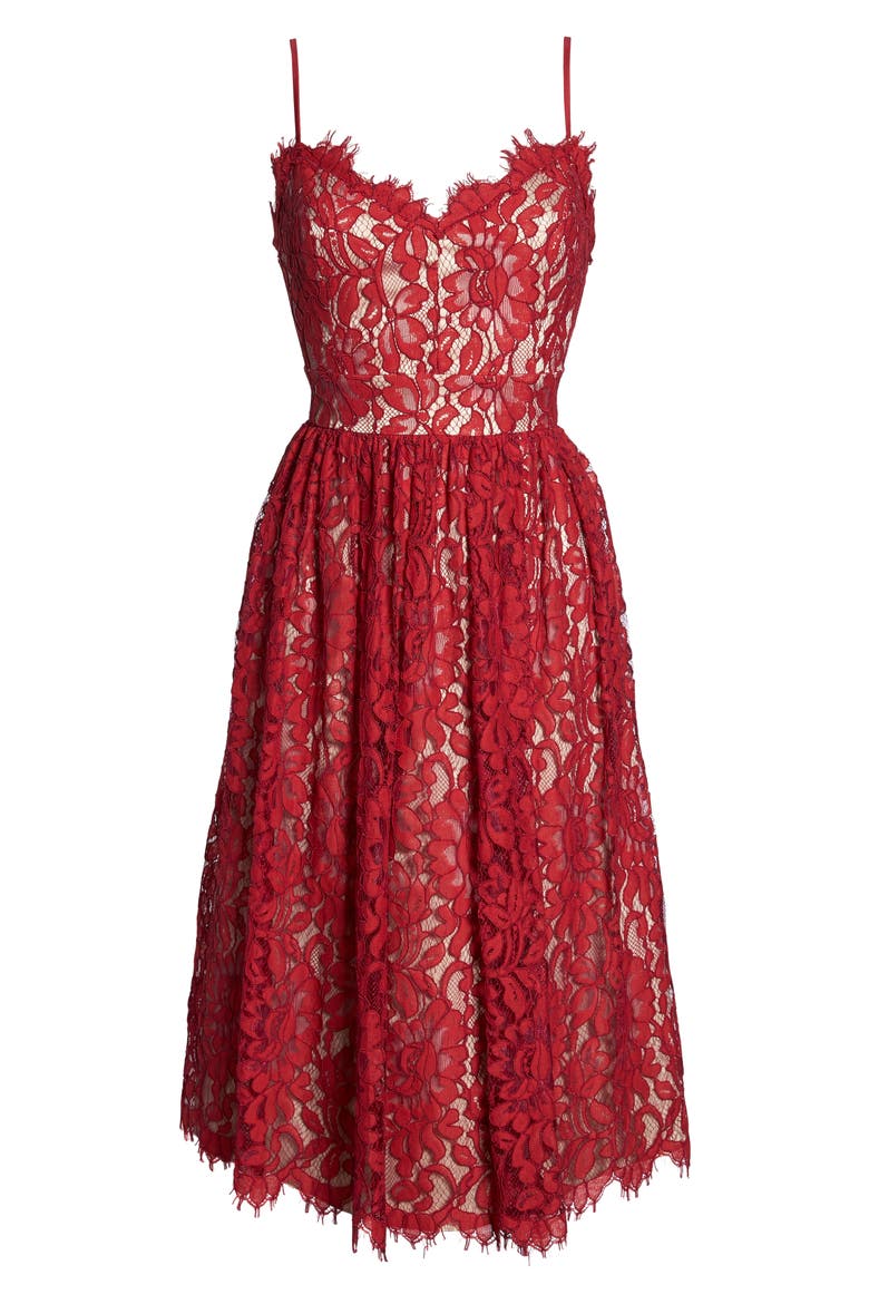 Gathered Lace Midi Dress, Alternate, color, RED
