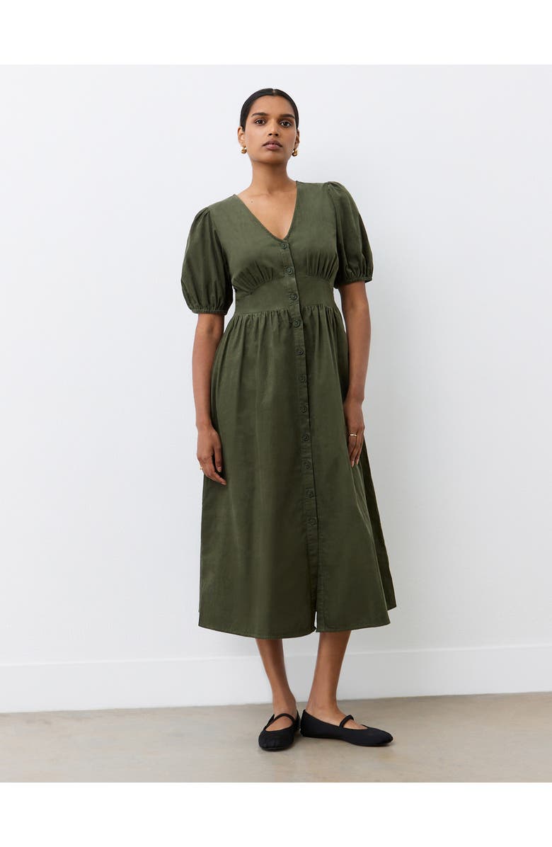 Finery London Arlow Short Sleeve Corduroy Midi Dress, Alternate, color, Khaki