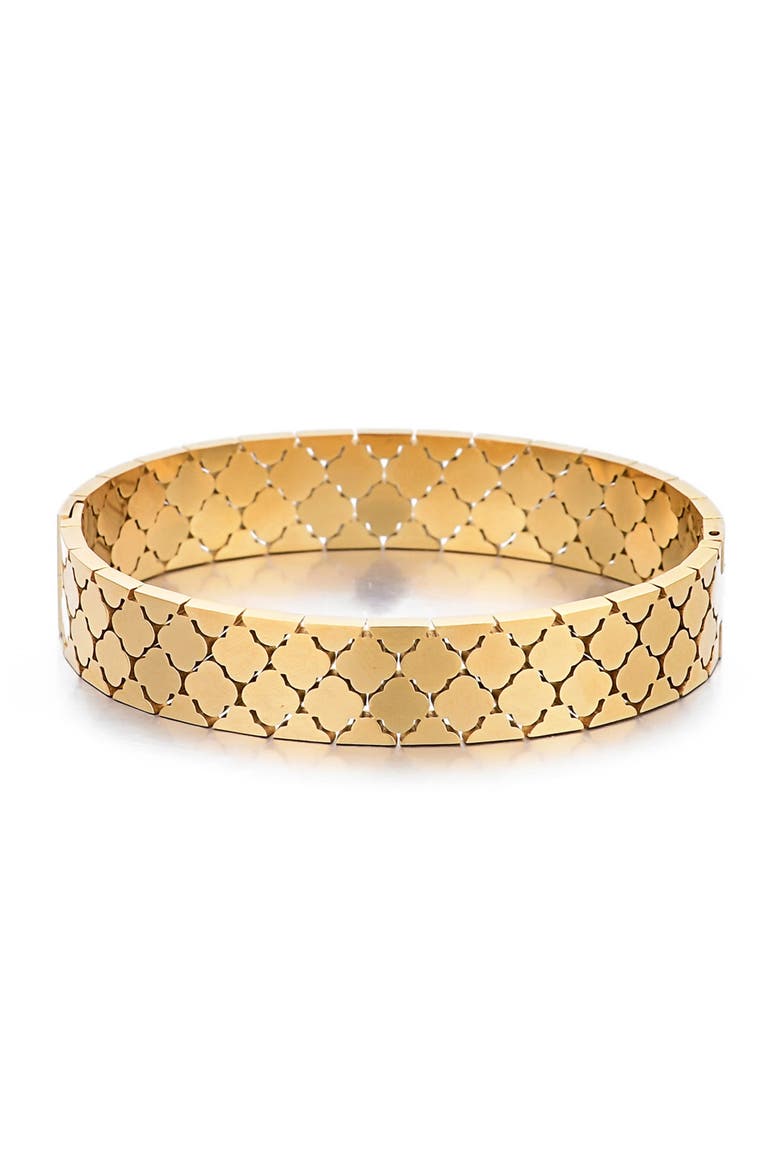 18K Gold Plated Quatrefoil Hinged Bangle Bracelet, Main, color, GOLD