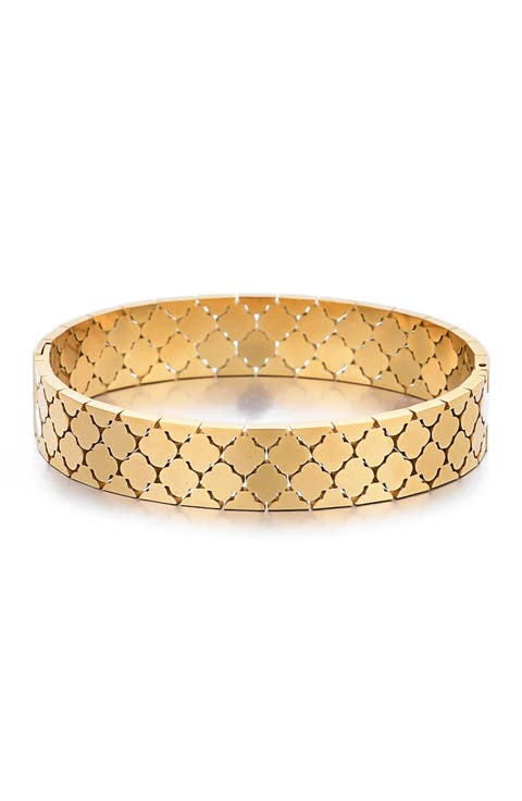 18K Gold Plated Quatrefoil Hinged Bangle Bracelet