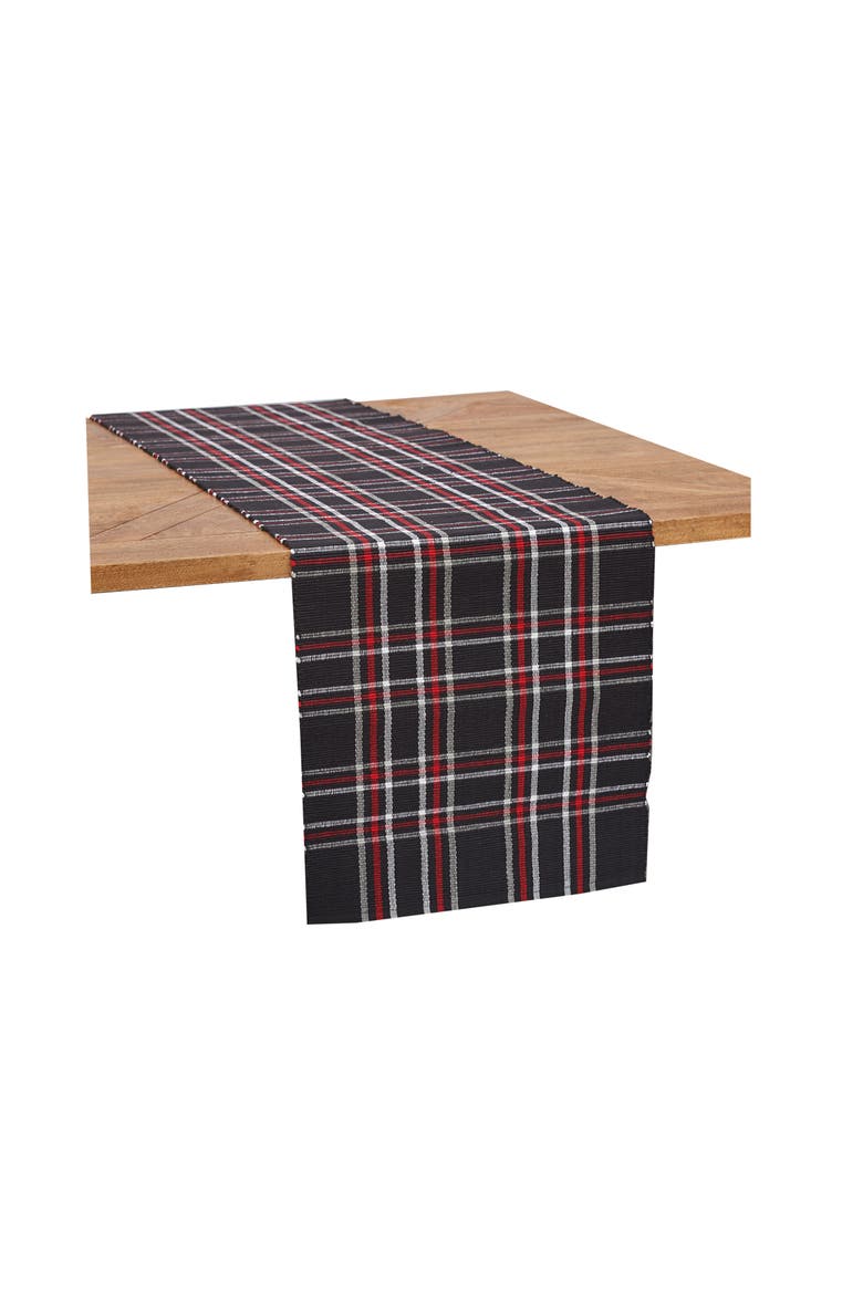 Poinsettia Red & Black Plaid 100% Cotton Handwoven Christmas Table Runner 13" x 72", Main, color, Black
