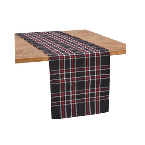Poinsettia Red & Black Plaid 100% Cotton Handwoven Christmas Table Runner 13" x 72"