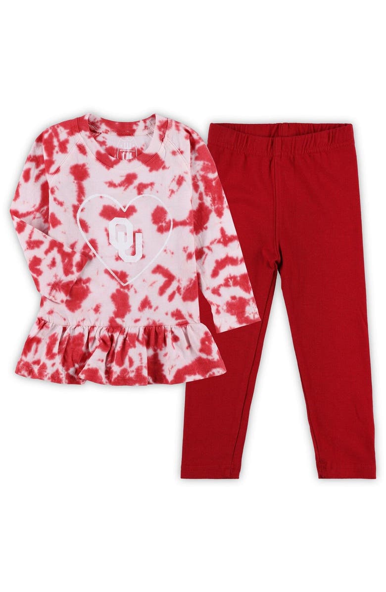 Wes & Willy Girls Infant Wes & Willy Crimson Oklahoma Sooners Tie-Dye Ruffle Raglan Long Sleeve T-Shirt & Leggings Set, Main, color, Crimson