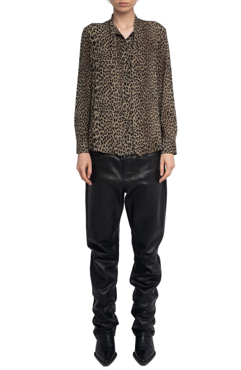 Zadig & Voltaire Tulba Leopard Print Tie Neck Button-Up Shirt, Alternate, color, 