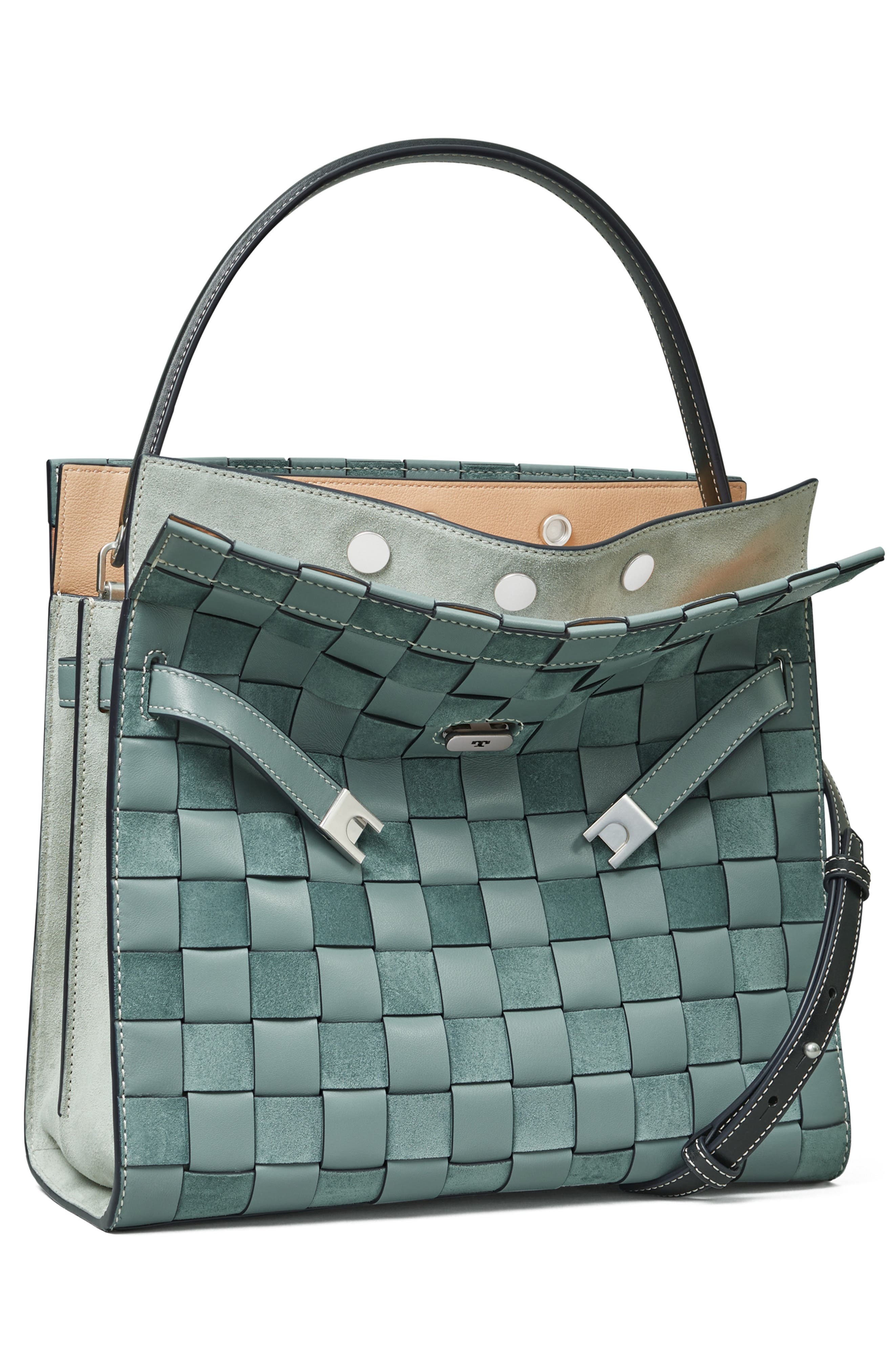 Tory Burch Lee Radziwill Woven Leather Double Bag, Alternate, color, 