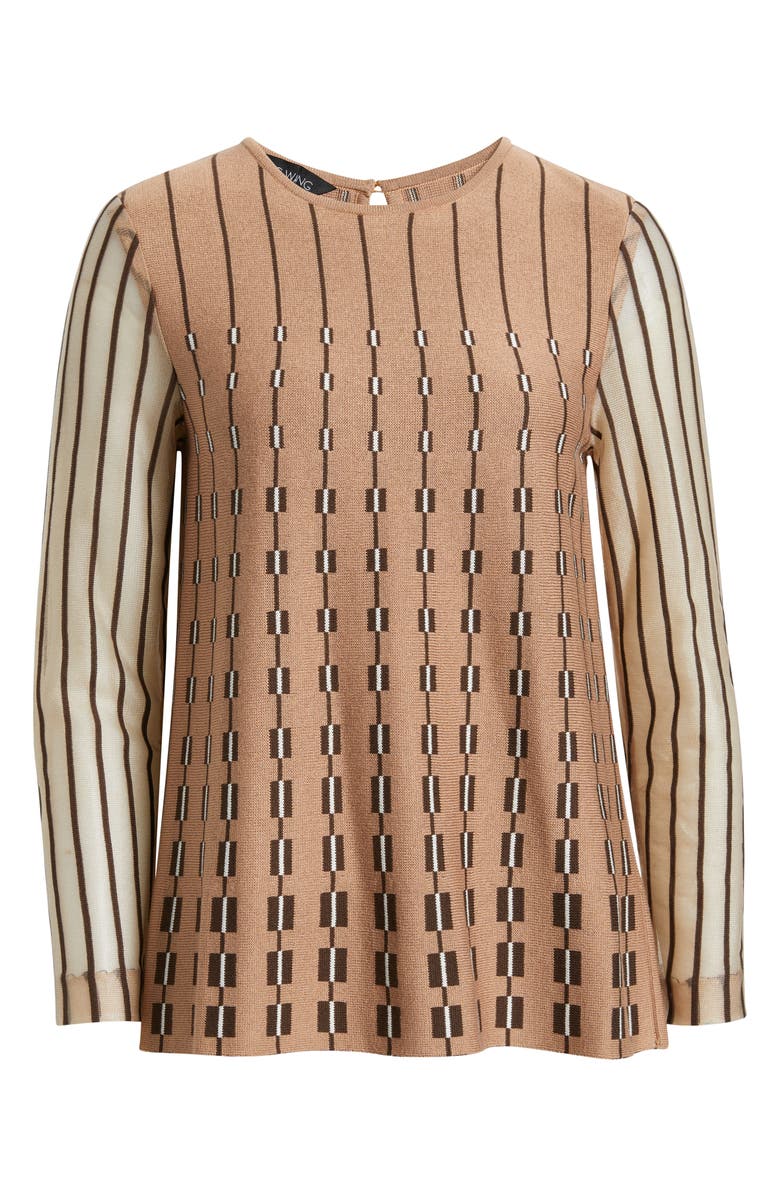 Ming Wang Vertical Stripe Sheer Sleeve Knit Top, Alternate, color, Warm Taupe/ Dark Umber/ Ivory