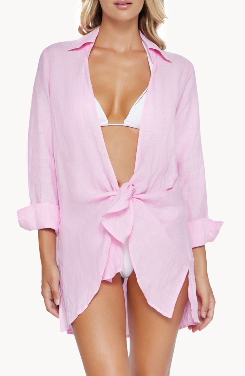 PQ SWIM Millie Tie Linen Cover-Up Tunic Shirt, Main, color,