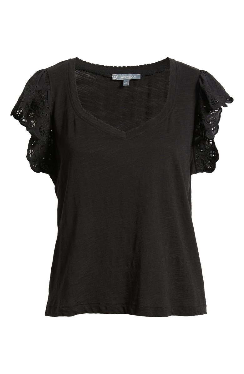 Wit & Wisdom Eyelet Flutter Sleeve Jersey T-Shirt, Alternate, color, Black/ Black