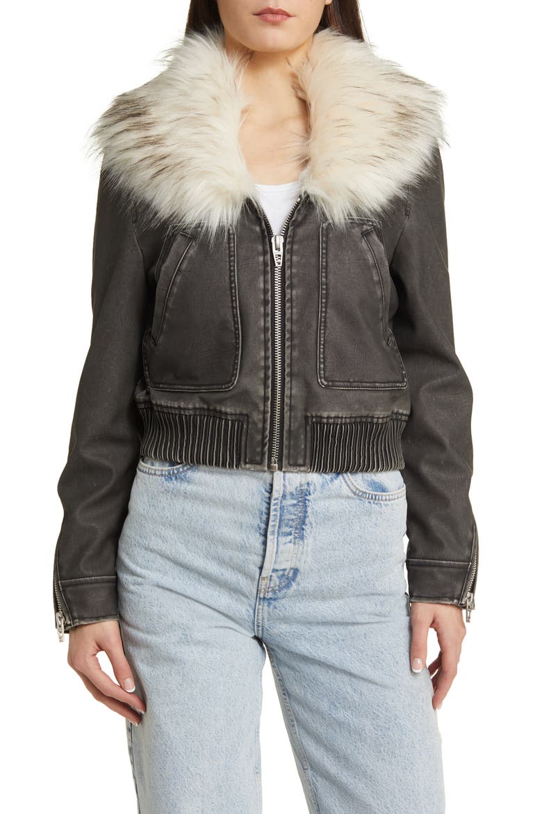 Faux Fur Collar Faux Leather Bomber Jacket, Alternate, color, MOONLIGHT
