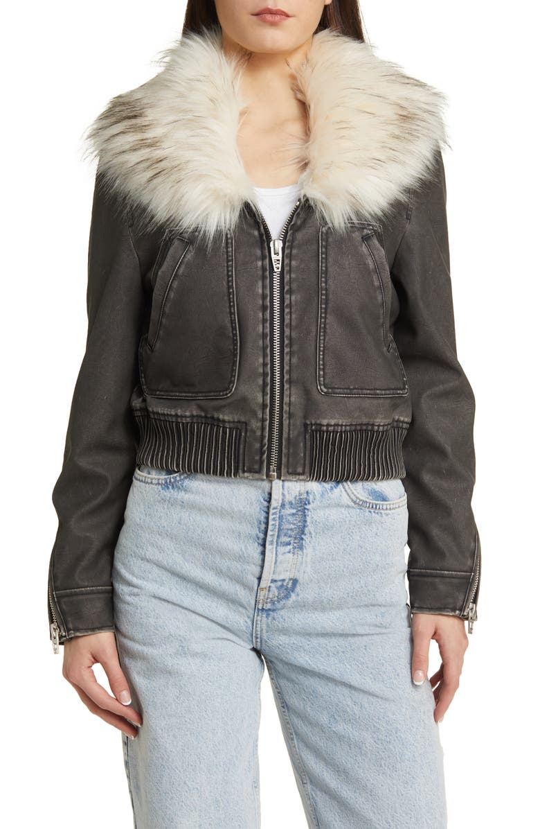 BLANKNYC Faux Fur Collar Faux Leather Bomber Jacket, Alternate, color, 