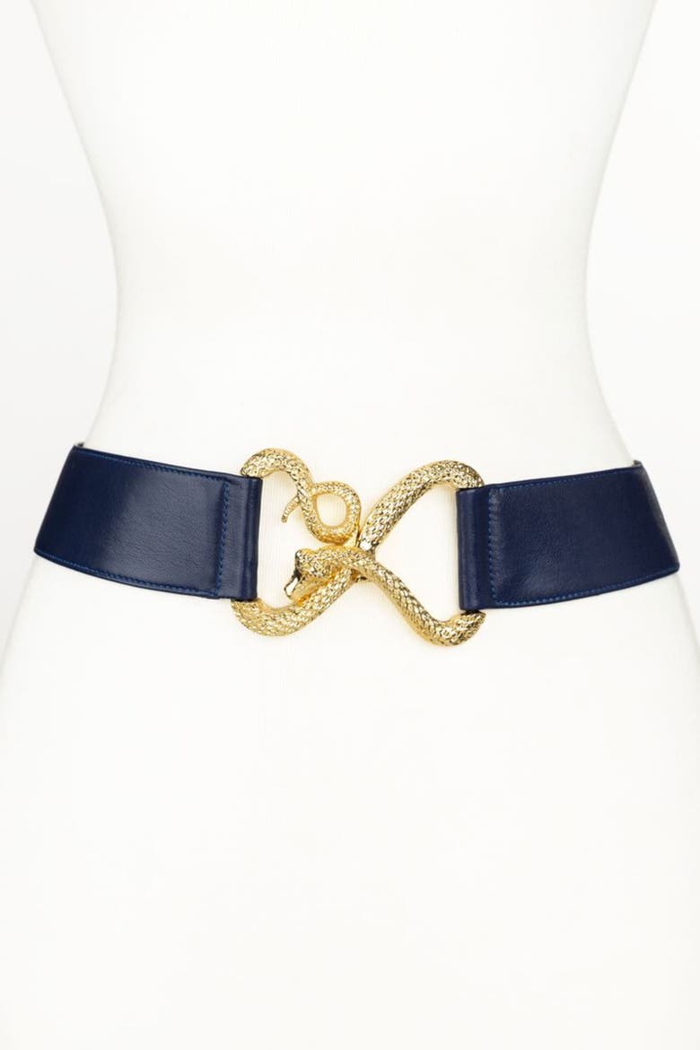Snake Buckle Leather Belt, Main, color, Navy