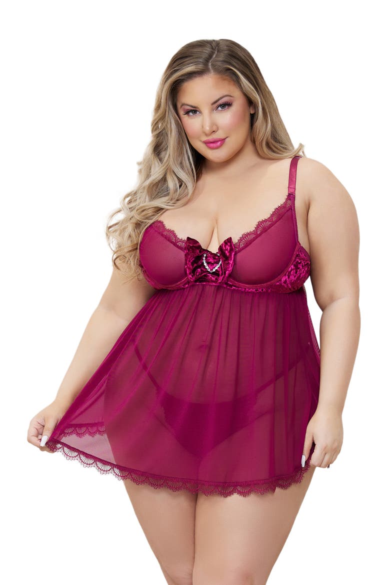Mesh Babydoll & Thong, Alternate, color, WINE