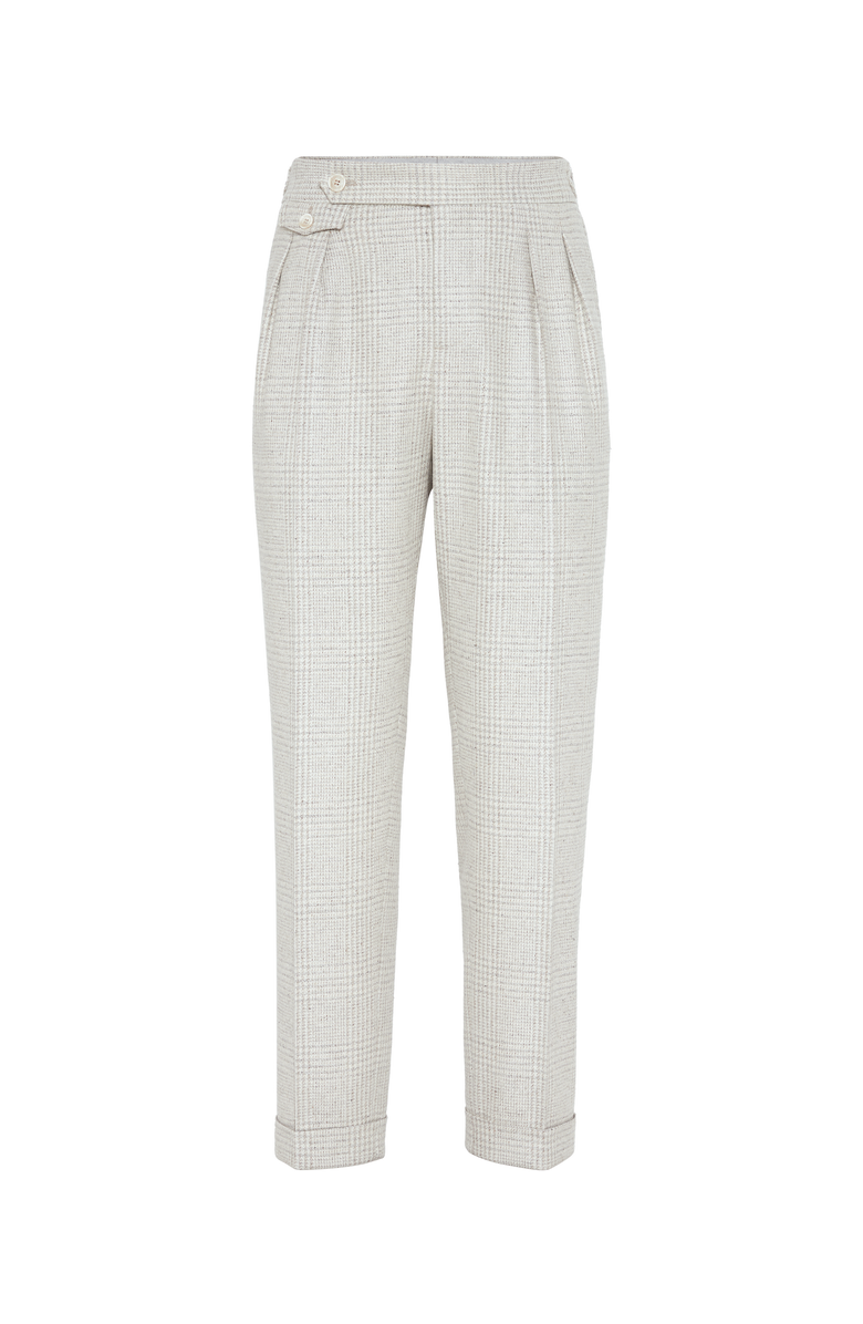 Brunello Cucinelli Comfort wool, silk and cashmere Prince of Wales leisure fit trousers with pleat, Main, color, 
