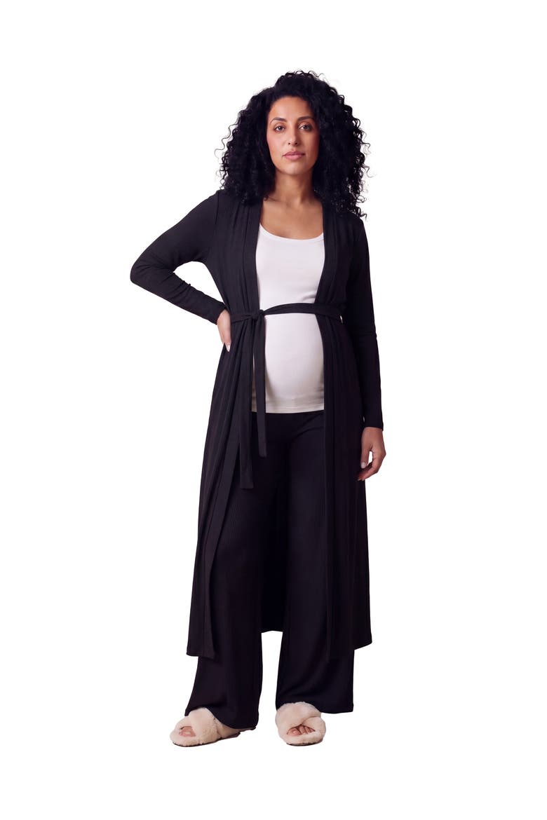 Maternity Basic Long Sleeve Tie Waist Soft Jacket and Elastic Waist Wide Leg Pant Set, Main, color, Black