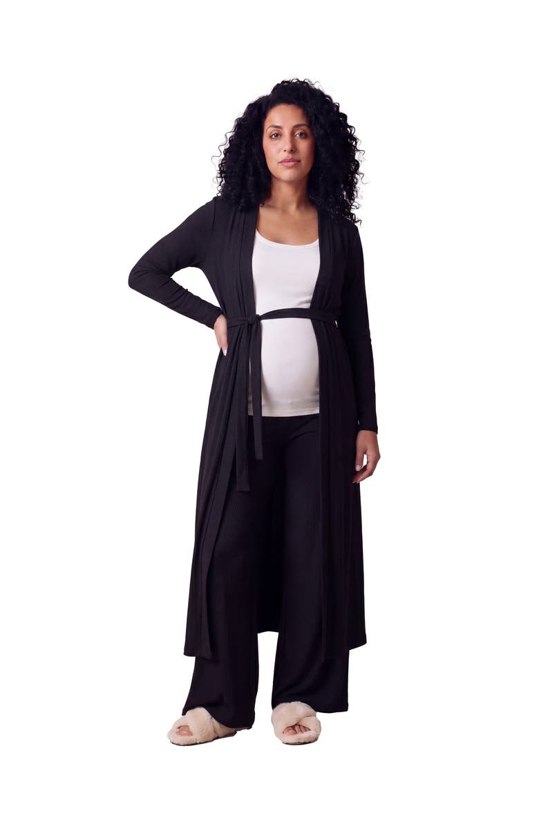 24seven Comfort Apparel Maternity Basic Long Sleeve Tie Waist Soft Jacket and Elastic Waist Wide Leg Pant Set, Main, color, Black