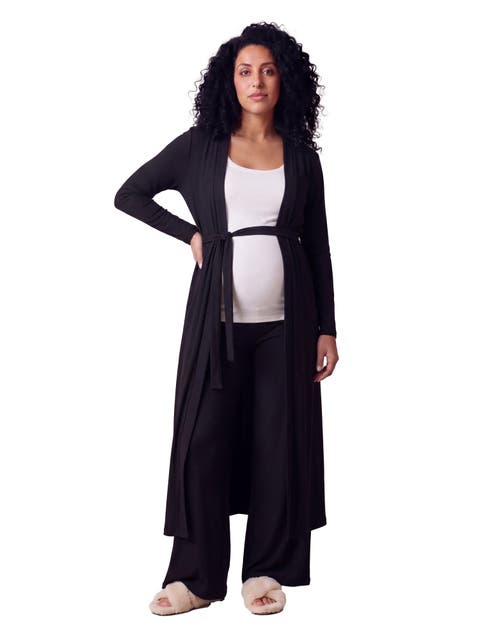 Maternity Basic Long Sleeve Tie Waist Soft Jacket and Elastic Waist Wide Leg Pant Set