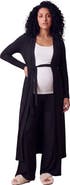 24seven Comfort Apparel Maternity Basic Long Sleeve Tie Waist Soft Jacket and Elastic Waist Wide Leg Pant Set