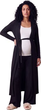 24seven Comfort Apparel Maternity Basic Long Sleeve Tie Waist Soft Jacket and Elastic Waist Wide Leg Pant Set