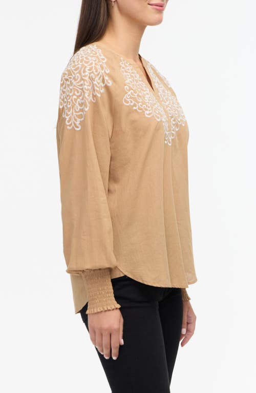Ellen Tracy Voile Embroidered Cotton Popover Top In Camel