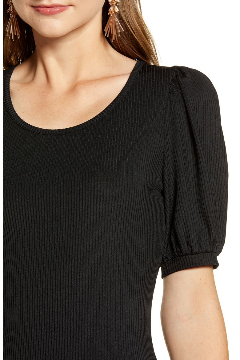 Ribbed Puff Sleeve Tee, Alternate, color, BLACK