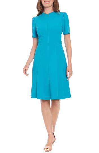 London Times Front Zip Short Sleeve Fit & Flare Dress In B Reef Blue