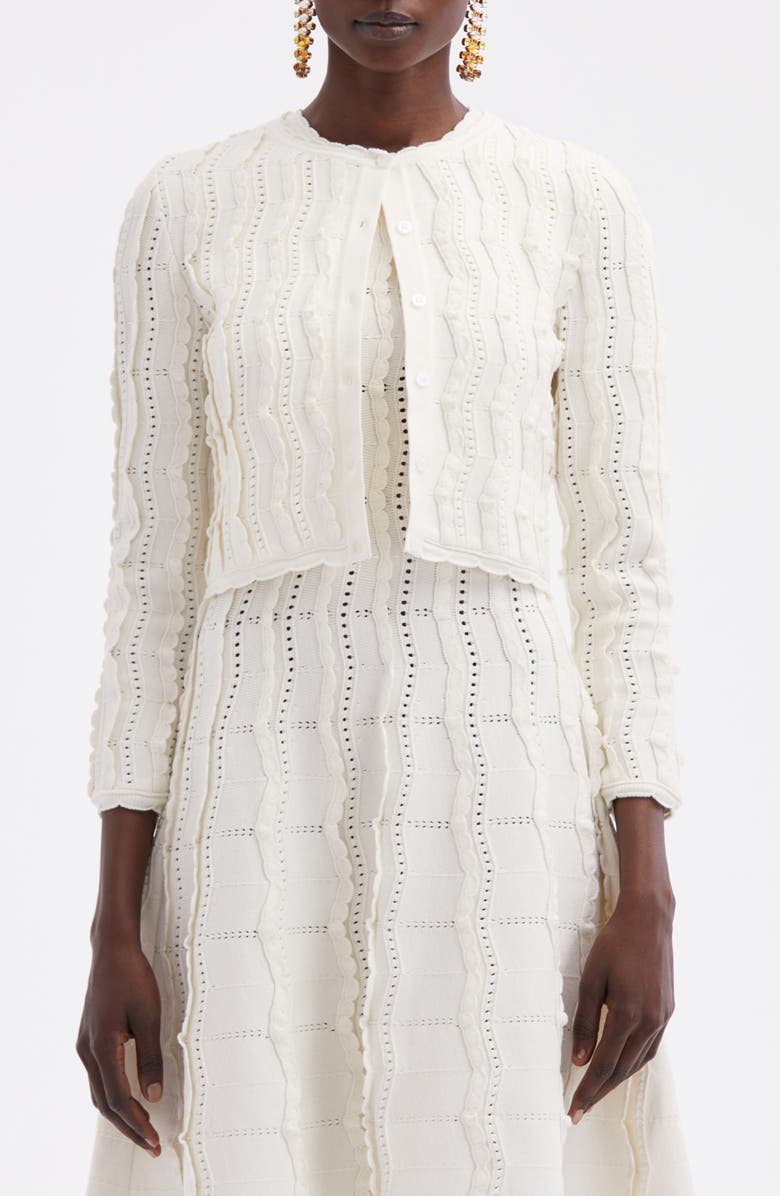 Oscar de la Renta Wavy Stitch Crop Cardigan, Main, color, Ivory