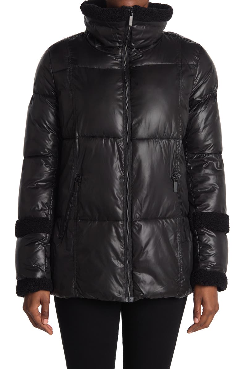 French Connection Puffer Faux Shearling Trim Jacket, Alternate, color,