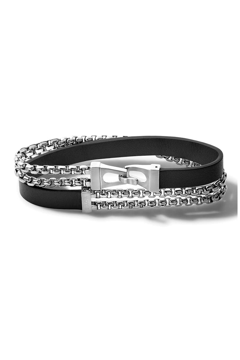 Classic Stainless Steel Leather Bracelet, Main, color, BLACK