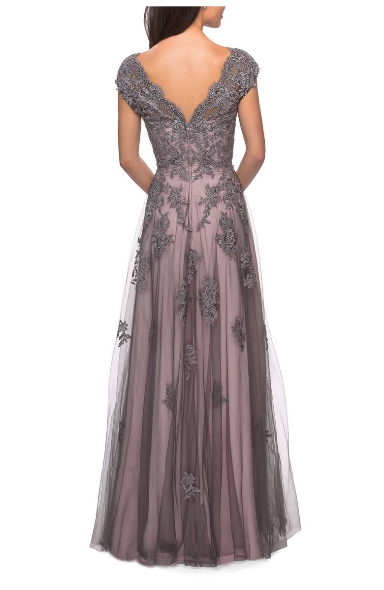 La Femme Tulle Evening Gown with Embroidery and Cap Sleeves, Alternate, color, Pink/Gray