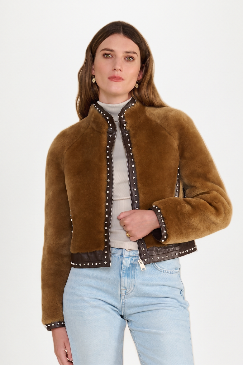 Harper Shearling Studded Jacket, Main, color, Brown