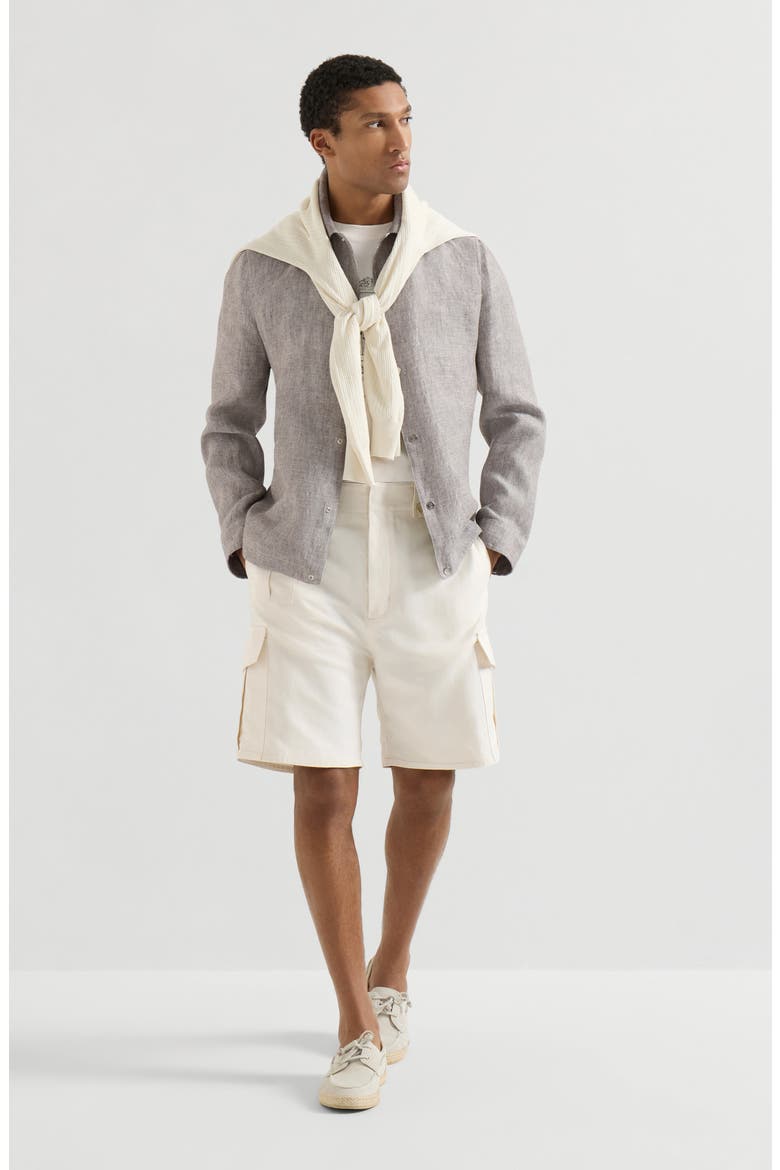 Cotton and linen canvas Bermuda shorts with cargo pockets, Alternate, color, White