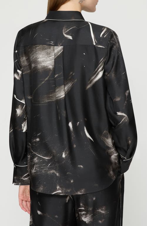 Lafayette 148 Scottie Piped Abstract-print Silk Blouse In Black Multi