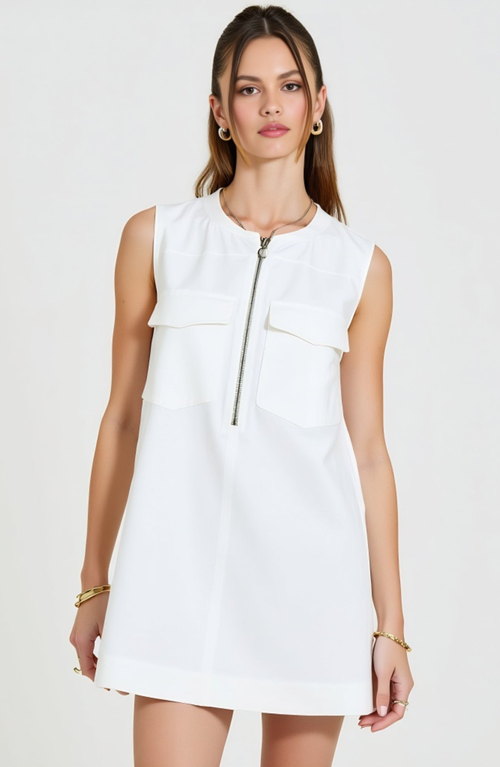 Modenaire Sleeveless Mini Dress With Zip Front And Patch Pockets In White
