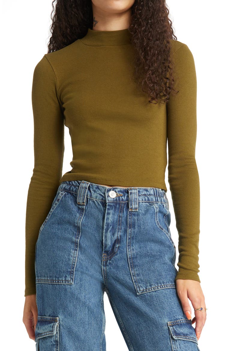 Mock Neck Crop Knit Top, Main, color, OLIVE DARK